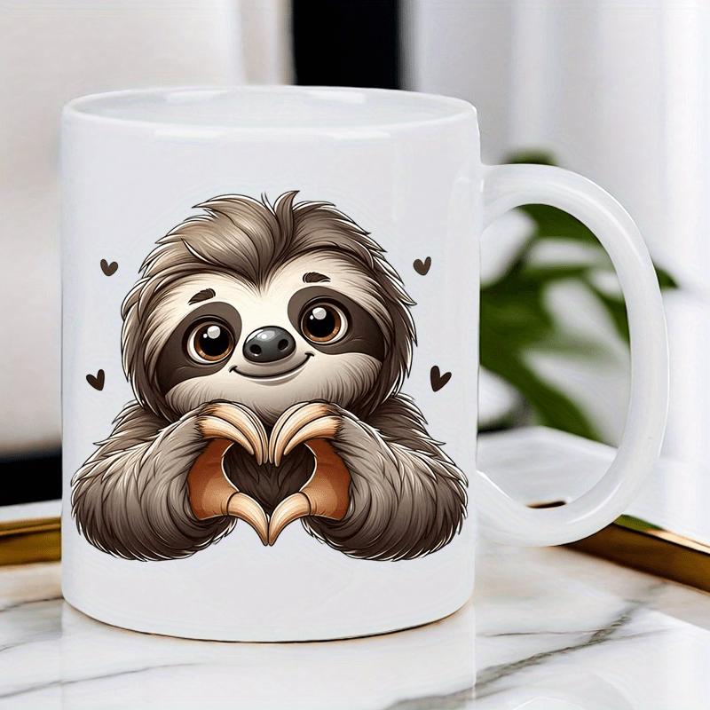 Tailorly White Ceramic 11 oz Mug - Adorable Furry Cartoon Animal Making Heart Gesture Surrounded By Love Sloth