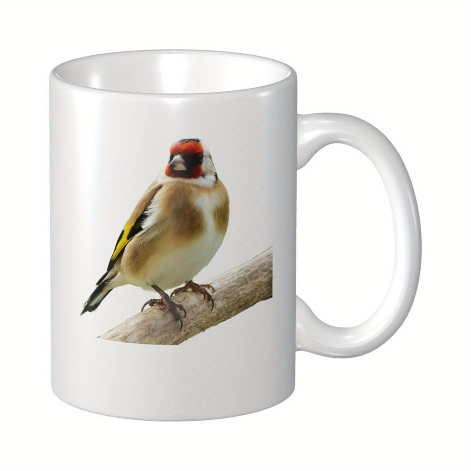 Tailorly White Ceramic 11 oz Mug - Vibrant Colorful Bird Perching On A Realistic Wooden Branch Natural Goldfinch Bird