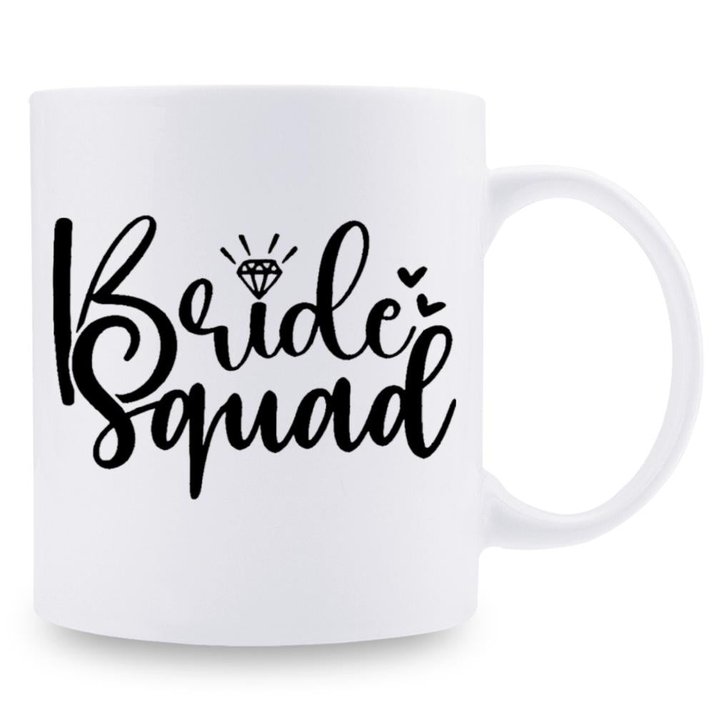Tailorly White Ceramic 11 oz Mug - Bride Squad Elegant Cursive Lettering With A Sparkling Diamond And Small Delicate Hearts Sign
