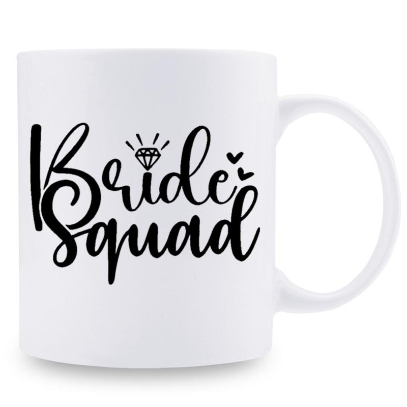 Tailorly White Ceramic 11 oz Mug - Bride Squad Elegant Cursive Lettering With A Sparkling Diamond And Small Delicate Hearts Sign