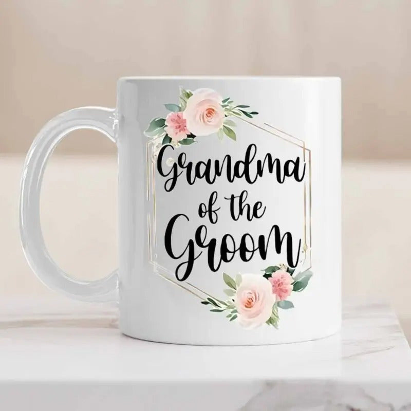 Tailorly White Ceramic 11 oz Mug - Grandma Of The Groom Elegant Golden Hexagon Decorated With Delicate Pink Roses And Green Leaves Frame
