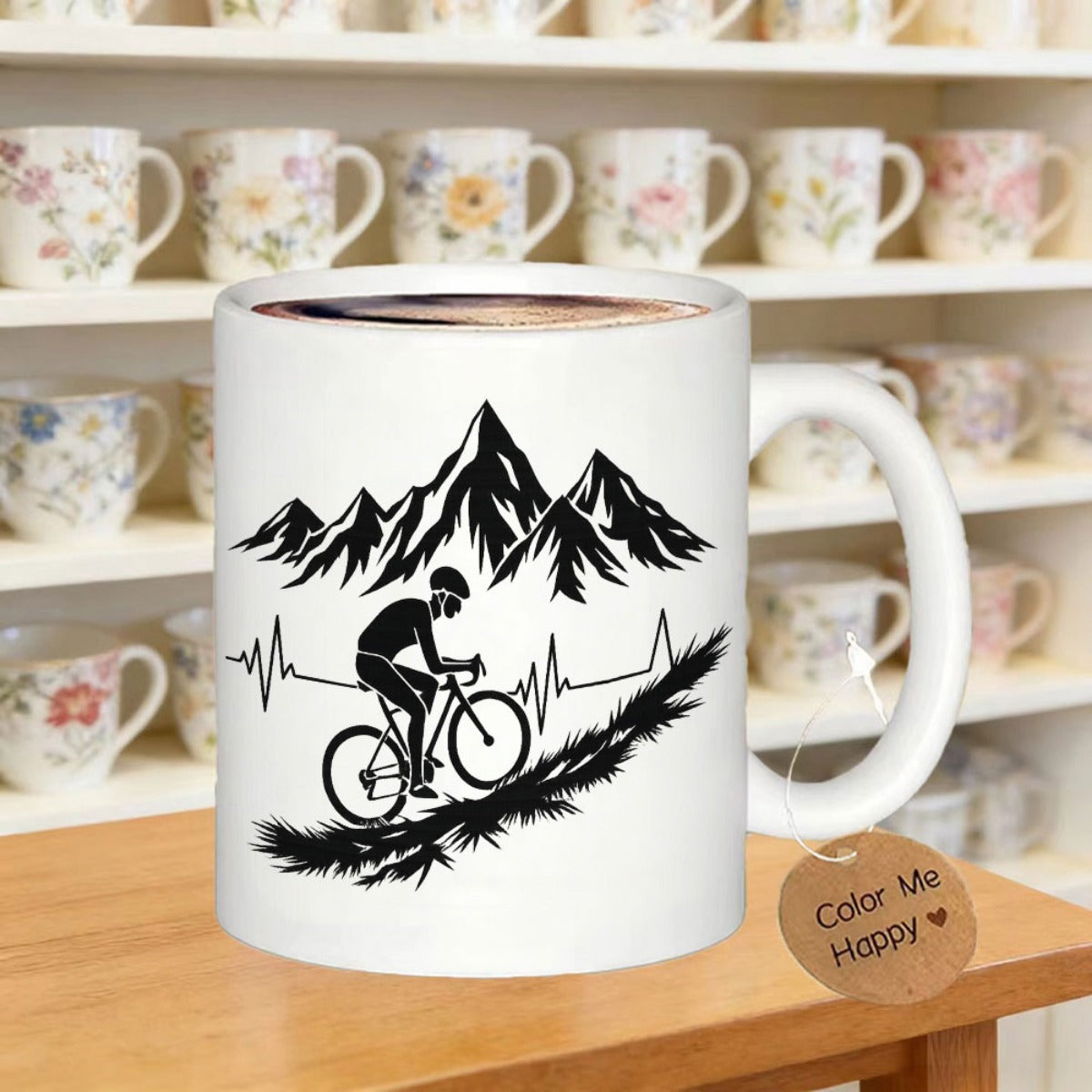 Tailorly White Ceramic 11 oz Mug - Color Me Happy Silhouette Climbing Steep Mountain Ridges Combined With Heartbeat Pulse Rhythm Cyclist
