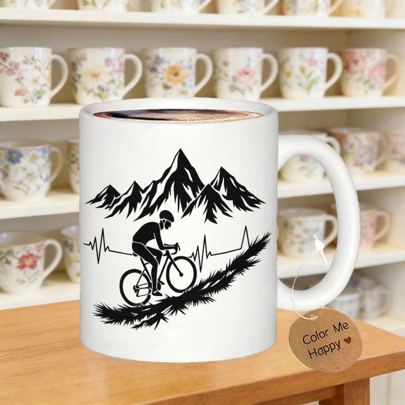 Tailorly White Ceramic 11 oz Mug - Color Me Happy Silhouette Climbing Steep Mountain Ridges Combined With Heartbeat Pulse Rhythm Cyclist