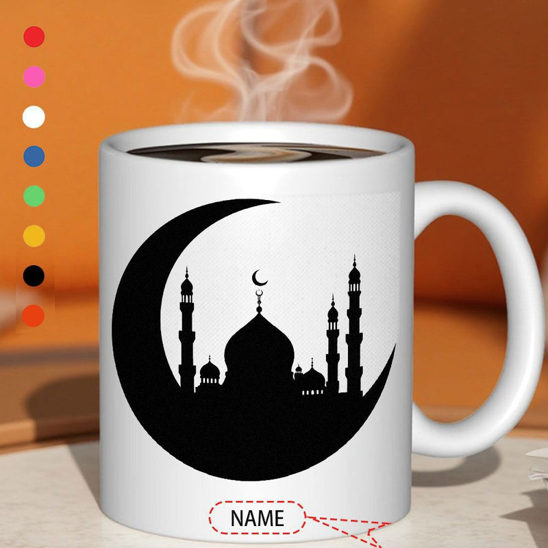 Tailorly White Ceramic 11 oz Mug - Elegant Black Crescent Moon Silhouette Featuring Traditional Islamic Architectural Minarets Mosque