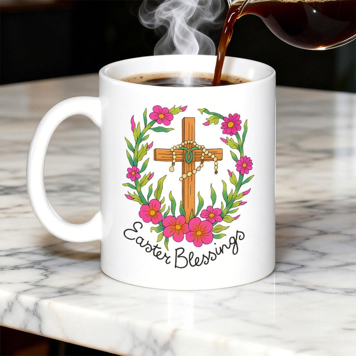 Tailorly White Ceramic 11 oz Mug - Easter Blessings Vibrant Floral Wreath With Pink Blossoms Surrounding A Traditional Wooden Cross