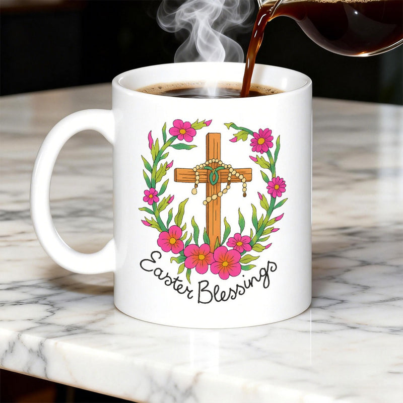 Tailorly White Ceramic 11 oz Mug - Easter Blessings Vibrant Floral Wreath With Pink Blossoms Surrounding A Traditional Wooden Cross