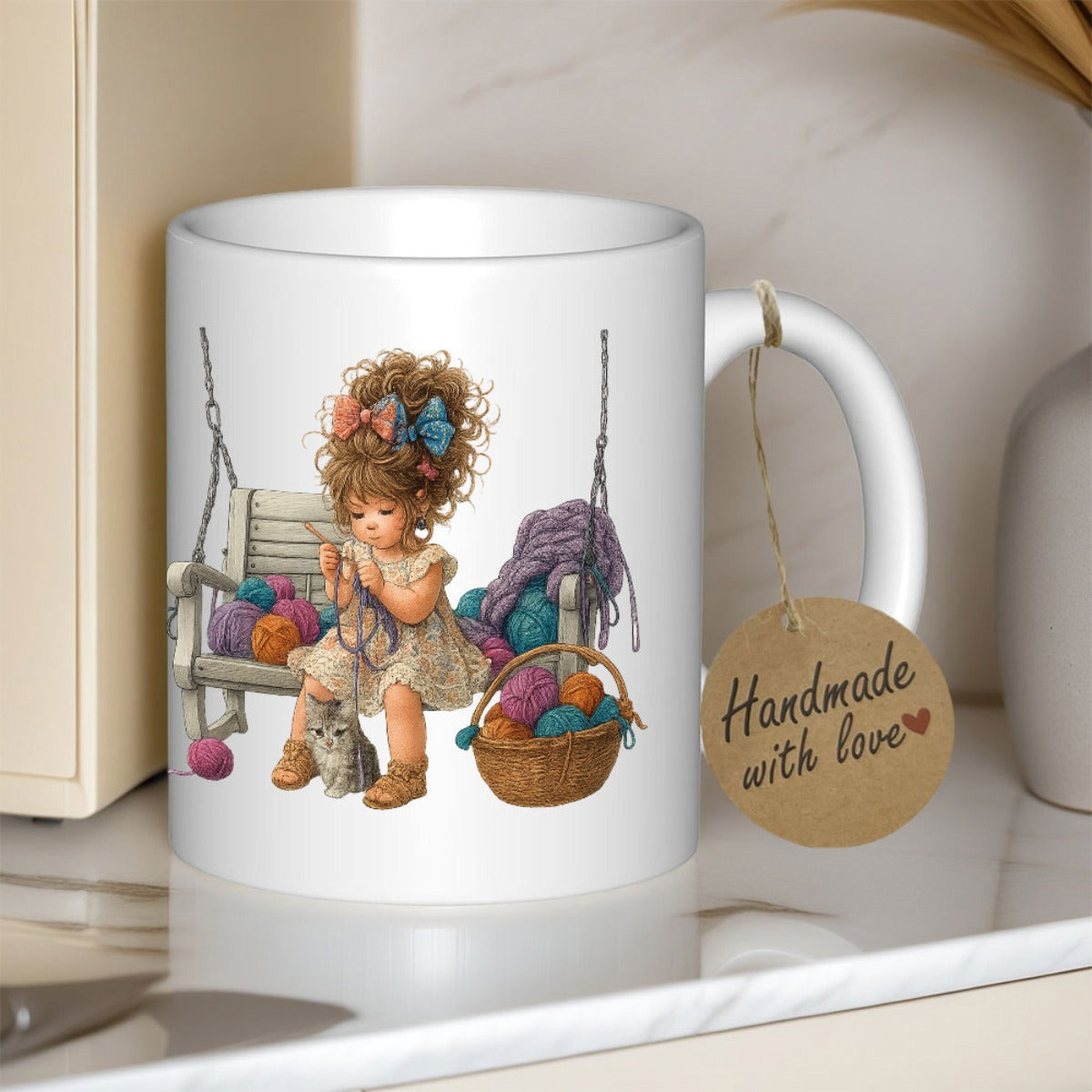 Tailorly White Ceramic 11 oz Mug - Handmade With Love Gentle Vintage Artist Sitting On Swing Knitting With Many Yarn Balls Girl