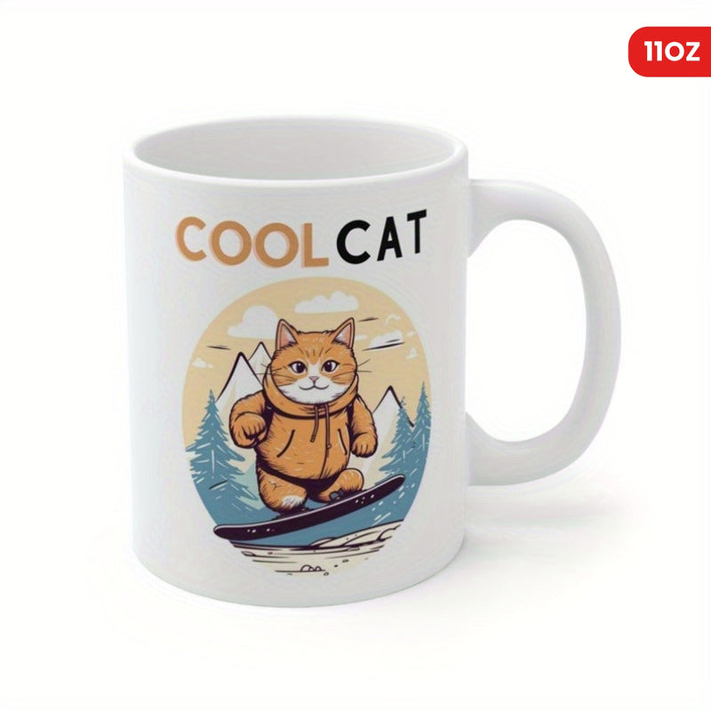Tailorly White Ceramic 11 oz Mug - Cool Cat Adventurous Ginger Kitten Snowboarding Through Snowy Mountains Wearing Winter Jacket Cat