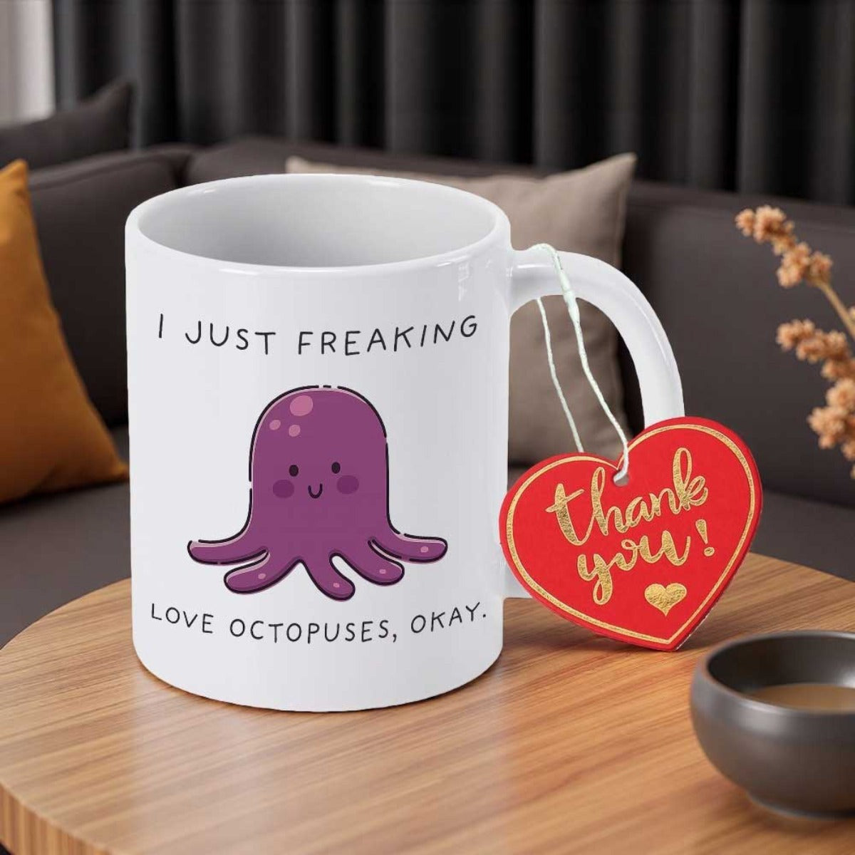 Tailorly White Ceramic 11 oz Mug - I Just Freaking Love Octopuses Okay Cute Purple Cartoon Sea Creature With Small Smiling Face Octopus