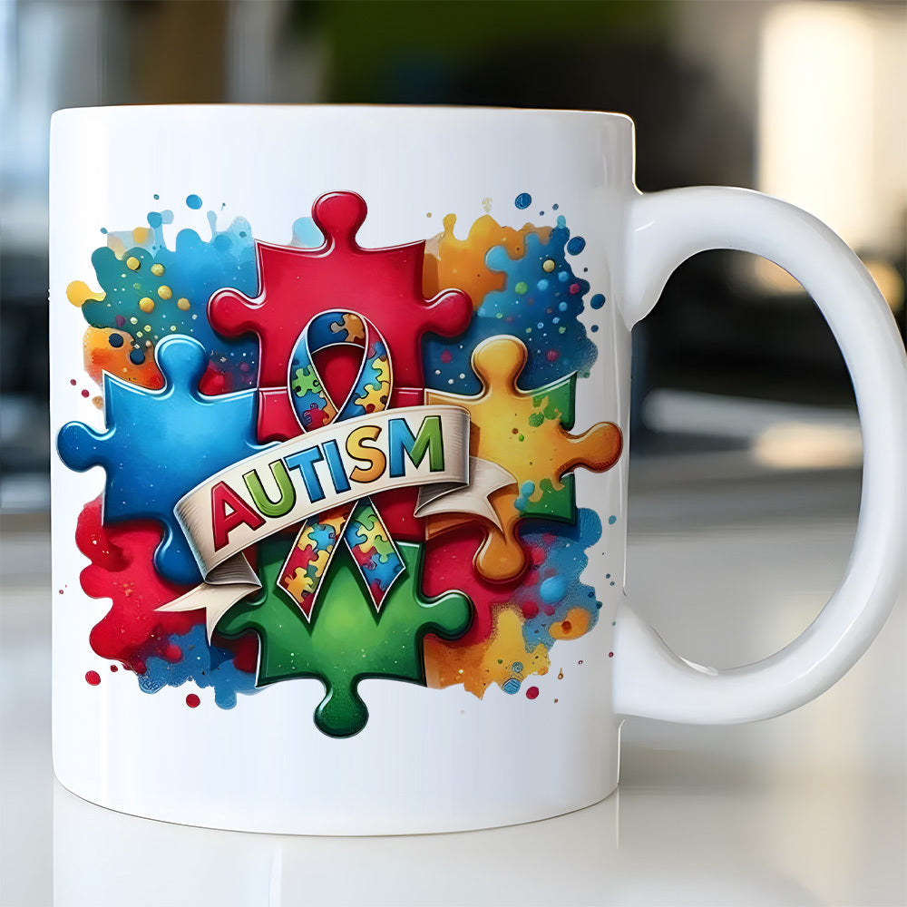 Tailorly White Ceramic 11 oz Mug - Autism Colorful Interlocking Puzzle Pieces Featuring Vibrant Watercolor Splashes And Ribbon Puzzle