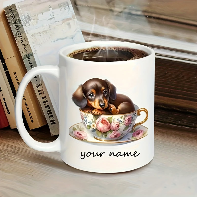 Tailorly White Ceramic 11 oz Mug - Your Name Adorable Small Puppy Sitting Inside A Vintage Floral Porcelain Tea Cup Puppy