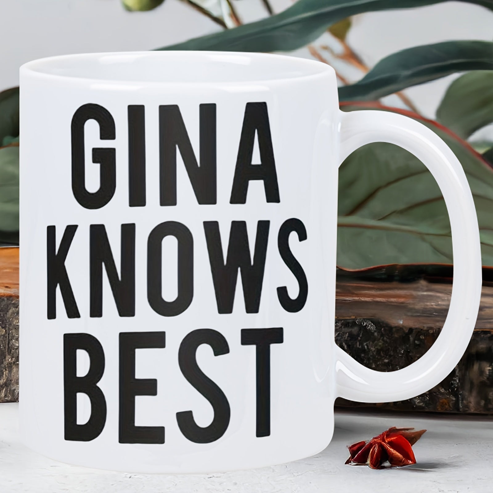 Tailorly White Ceramic 11 oz Mug - Gina Knows Best Bold Black Lettering Printed On A Glossy Mug
