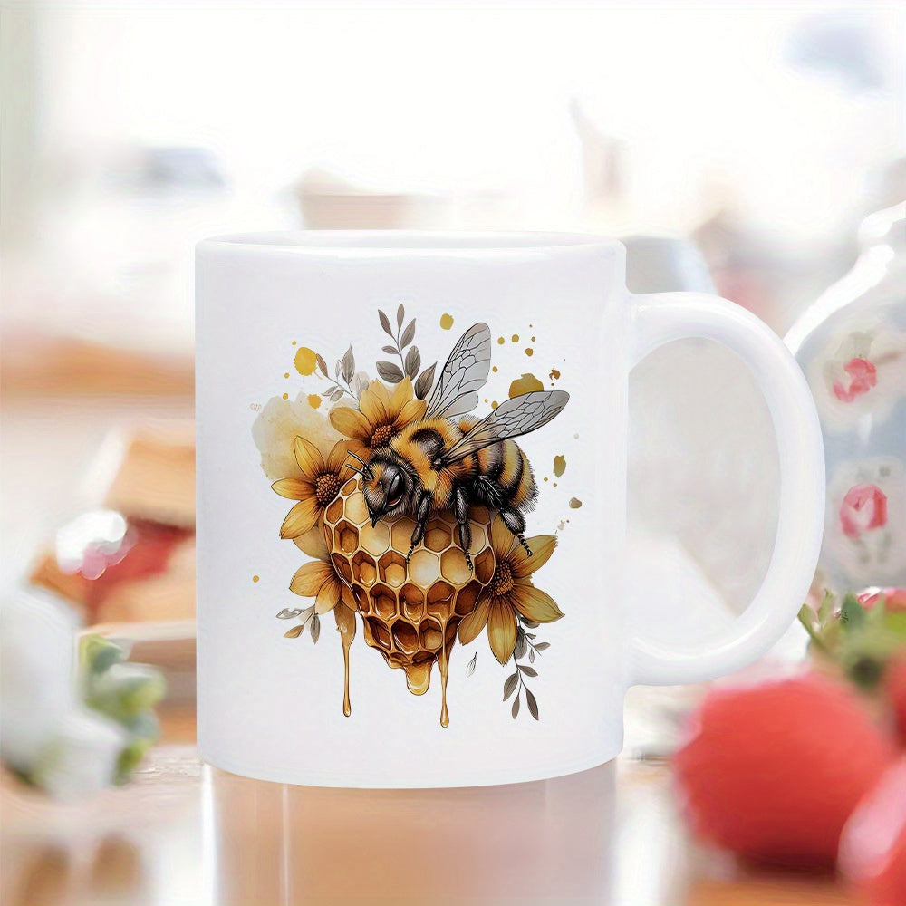 Tailorly White Ceramic 11 oz Mug - Artistic Honeycomb With Golden Dripping Honey Among Wild Autumn Blossoms Bee