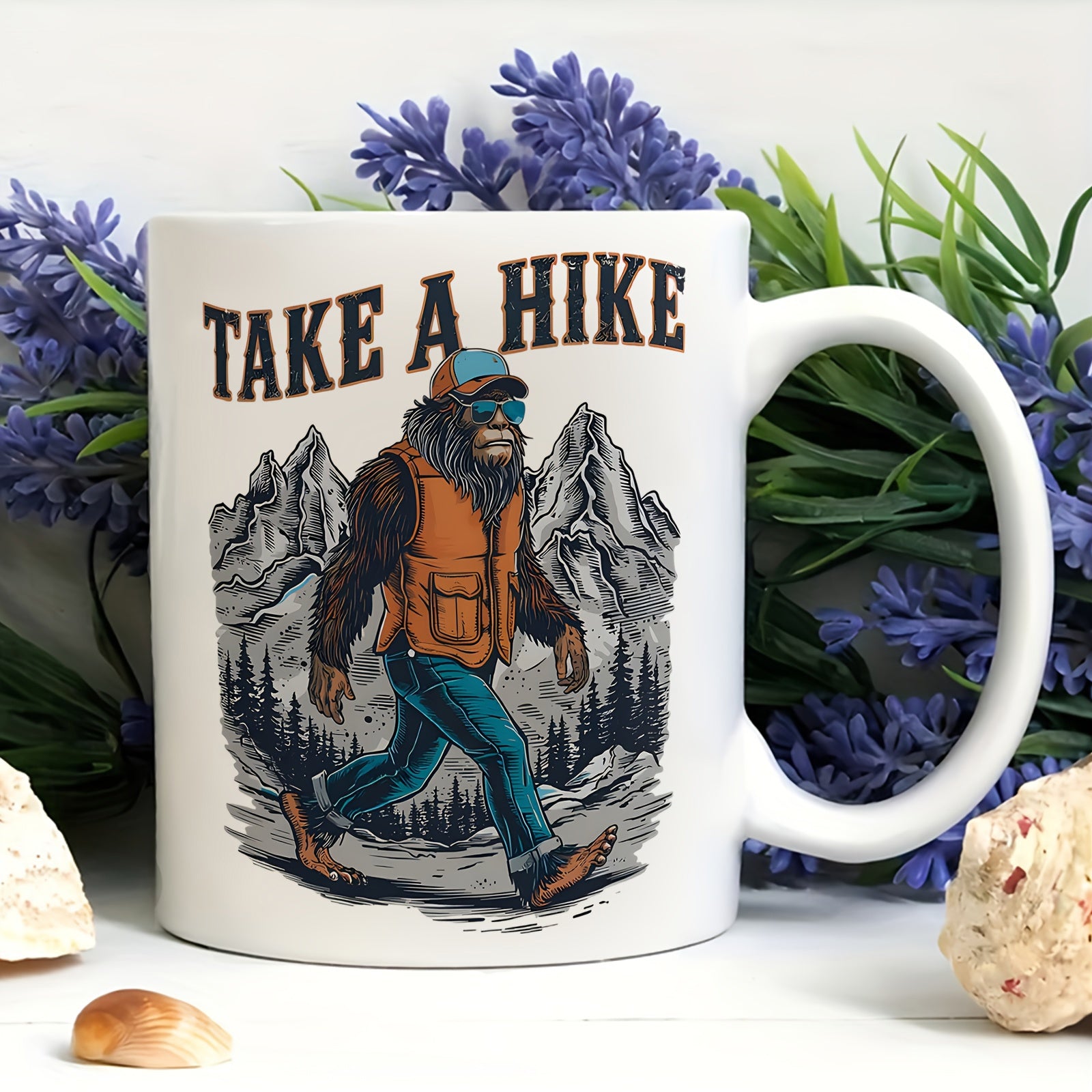 Tailorly White Ceramic 11 oz Mug - Take A Hike Walking Through Rugged Mountains And Pine Forests Wearing Vibrant Outdoor Gear Sasquatch