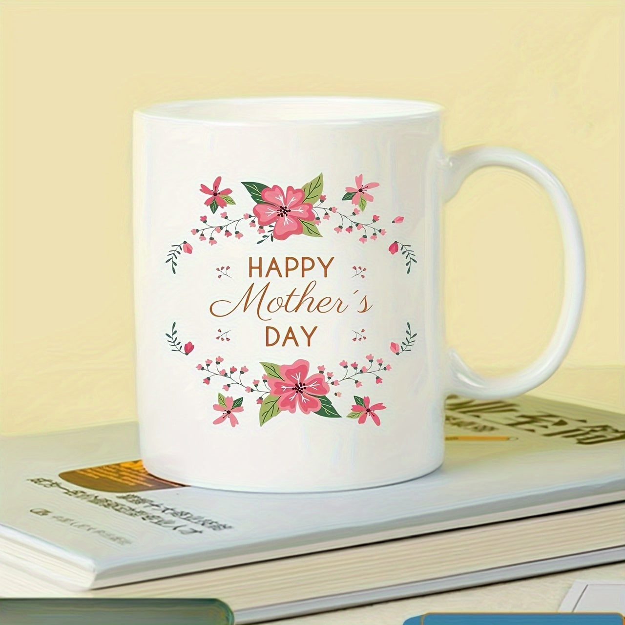 Tailorly White Ceramic 11 oz Mug - Happy Mother's Day Blooming Pink Floral Wreath With Delicate Green Leaves Mug