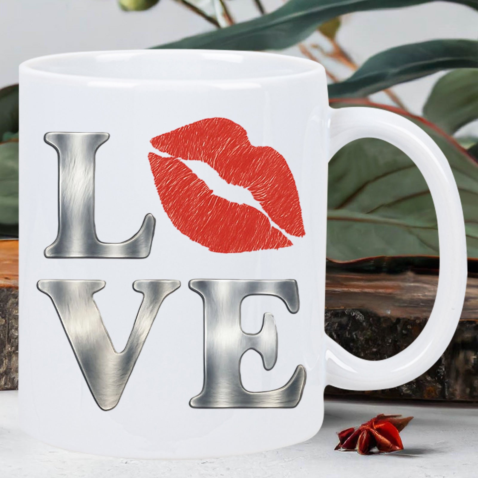 Tailorly White Ceramic 11 oz Mug - Love Red Realistic Kiss Print With Brushed Silver Metallic Textured Typography Lips