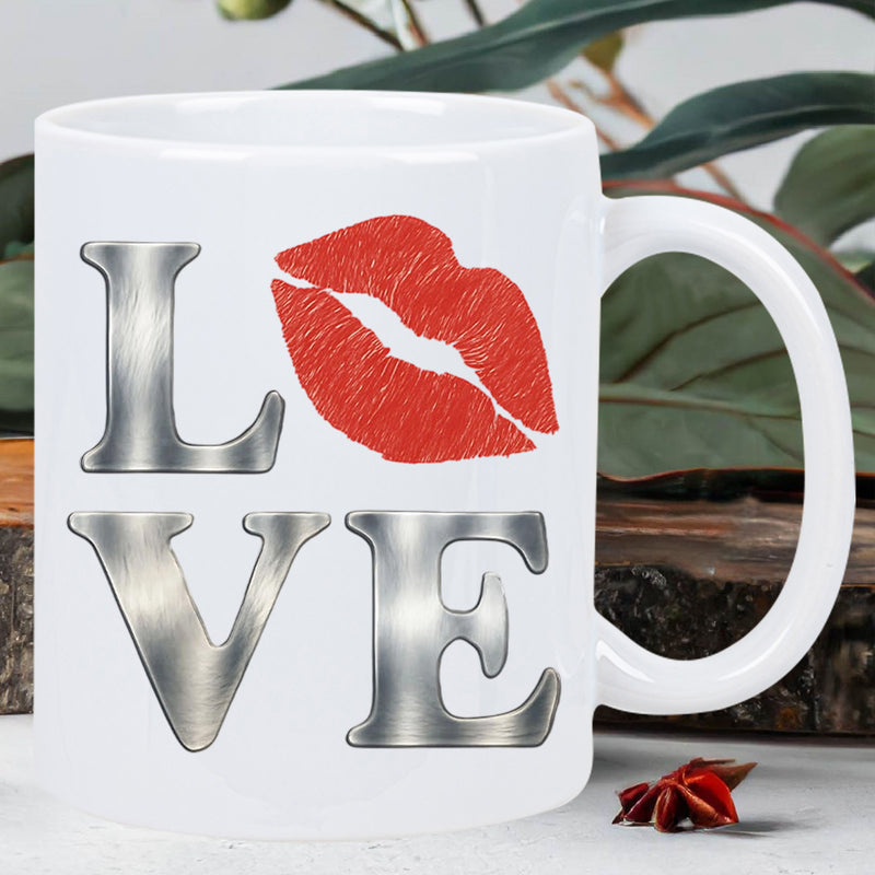 Tailorly White Ceramic 11 oz Mug - Love Red Realistic Kiss Print With Brushed Silver Metallic Textured Typography Lips