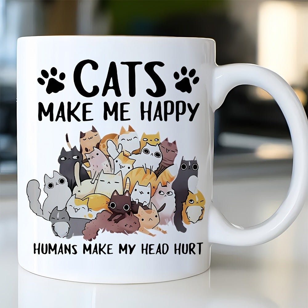 Tailorly White Ceramic 11 oz Mug - Cats Make Me Happy Humans Make My Head Hurt Playful Pile Of Many Adorable Cartoon Kittens Bunched Together Cats
