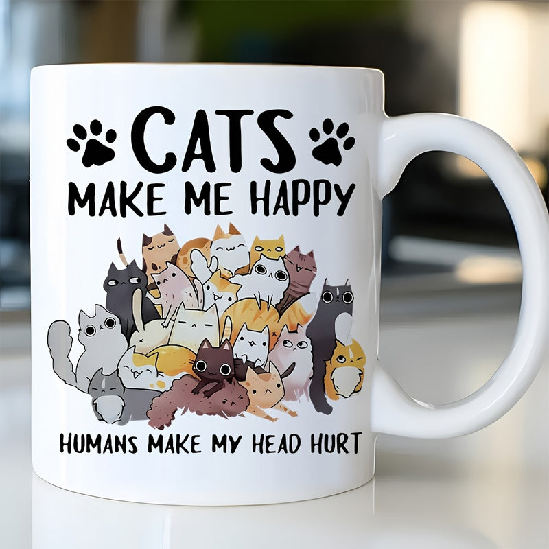 Tailorly White Ceramic 11 oz Mug - Cats Make Me Happy Humans Make My Head Hurt Playful Pile Of Many Adorable Cartoon Kittens Bunched Together Cats
