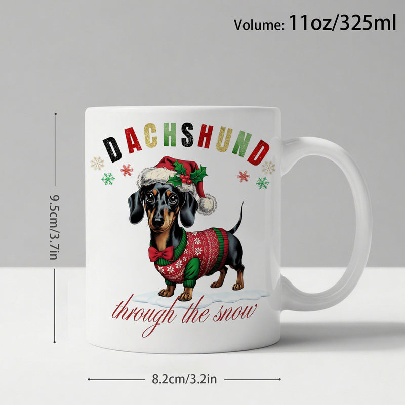 Tailorly White Ceramic 11 oz Mug - Dachshund Through The Snow Adorable Festive Puppy Wearing Red Holiday Sweater And Hat Dachshund