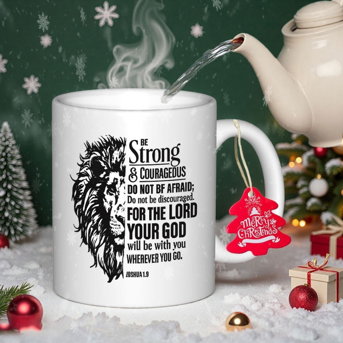 Tailorly White Ceramic 11 oz Mug - Be Strong And Courageous Do Not Be Afraid For The Lord Your God Will Be With You Whenever You Go Artistic Hand Drawn Half Face