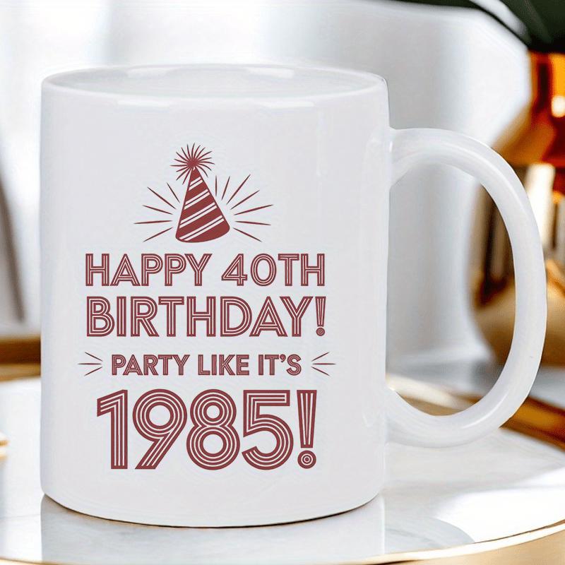 Tailorly White Ceramic 11 oz Mug - Happy 40th Birthday Party Like Its 1985 Striped Party Hat Surrounded By Festive Radiant Lines Hat