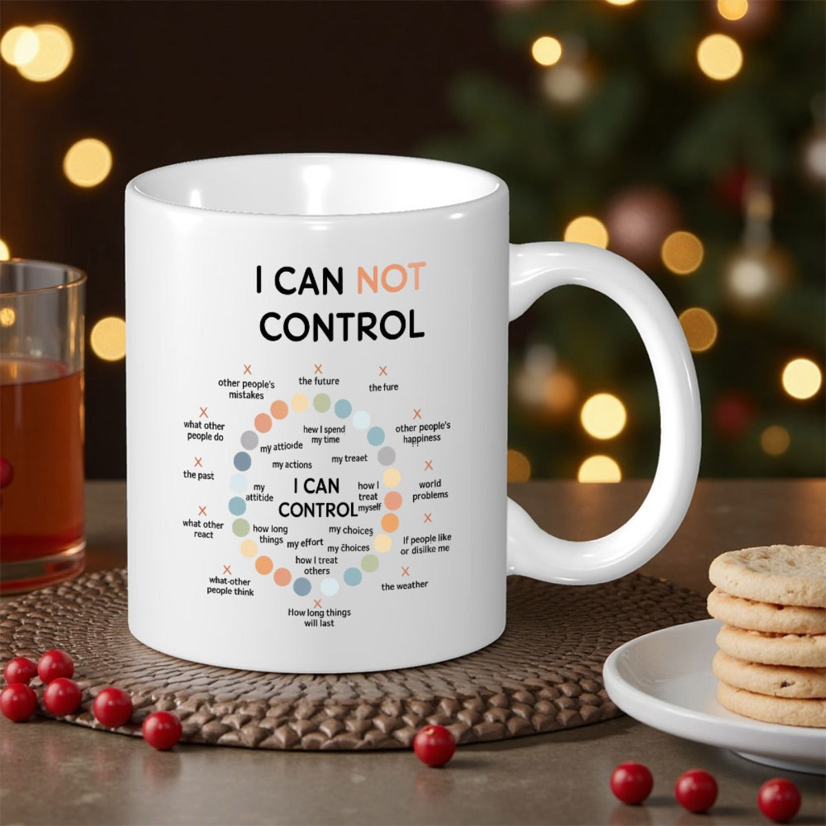 Tailorly White Ceramic 11 oz Mug - I Can Not Control I Can Control Minimalist Colorful Dots Forming A Psychology Therapy Motivational Circle Of Control Diagram