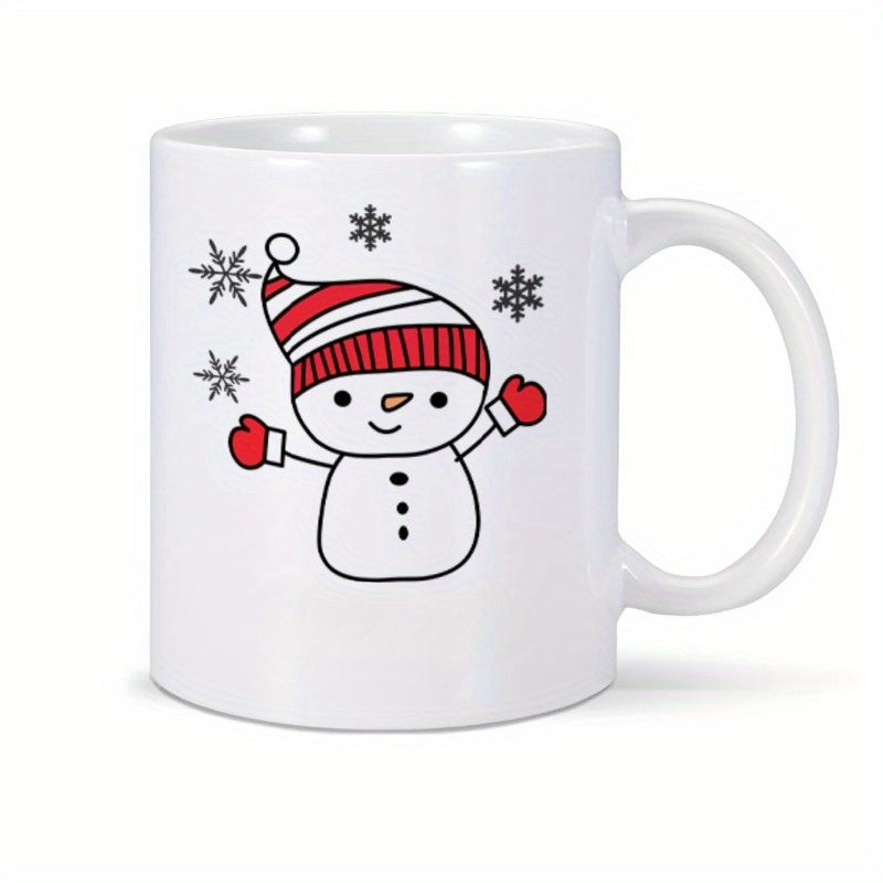 Tailorly White Ceramic 11 oz Mug - Cute Hand Drawn Cartoon Snowman Wearing Red Striped Hat Among Snowflakes Snowman