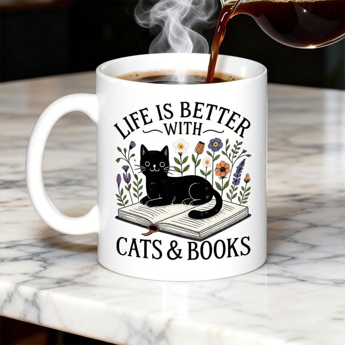 Tailorly White Ceramic 11 oz Mug - Life Is Better With Cats Books Serene Black Cat Resting Peacefully On An Open Book Among Wildflowers Cat