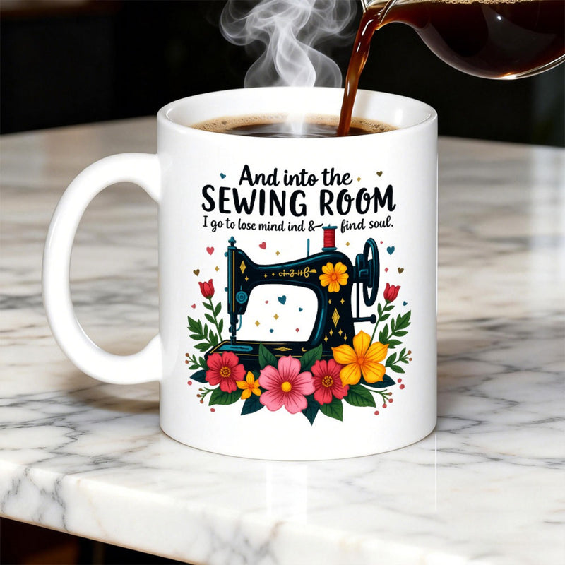Tailorly White Ceramic 11 oz Mug - And Into The Sewing Room I Go To Lose Mind And Find Soul Classic Black Machine Decorated With Blooming Pink Flowers And Hearts