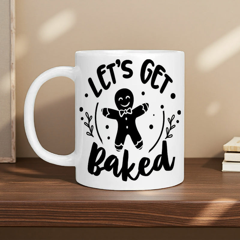 Tailorly White Ceramic 11 oz Mug - Lets Get Baked Smiling Holiday Cookie Figure Surrounded By Decorative Foliage And Dots Gingerbread Man