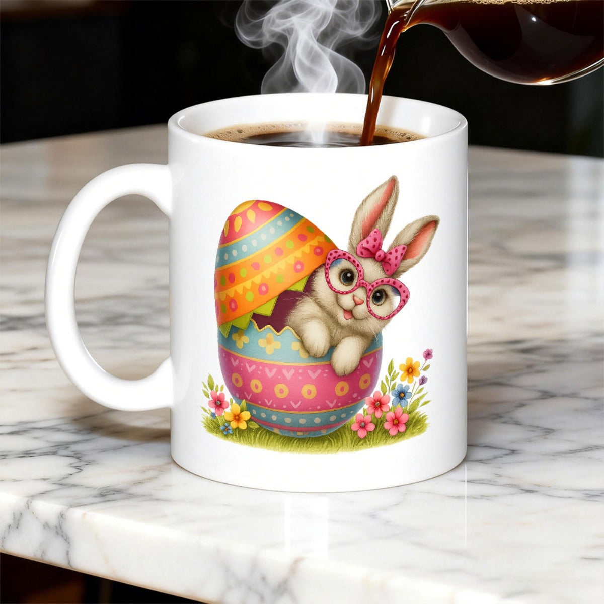 Tailorly White Ceramic 11 oz Mug - Adorable Cartoon Wearing Glasses Peeking From Decorative Colorful Patterned Egg Bunny