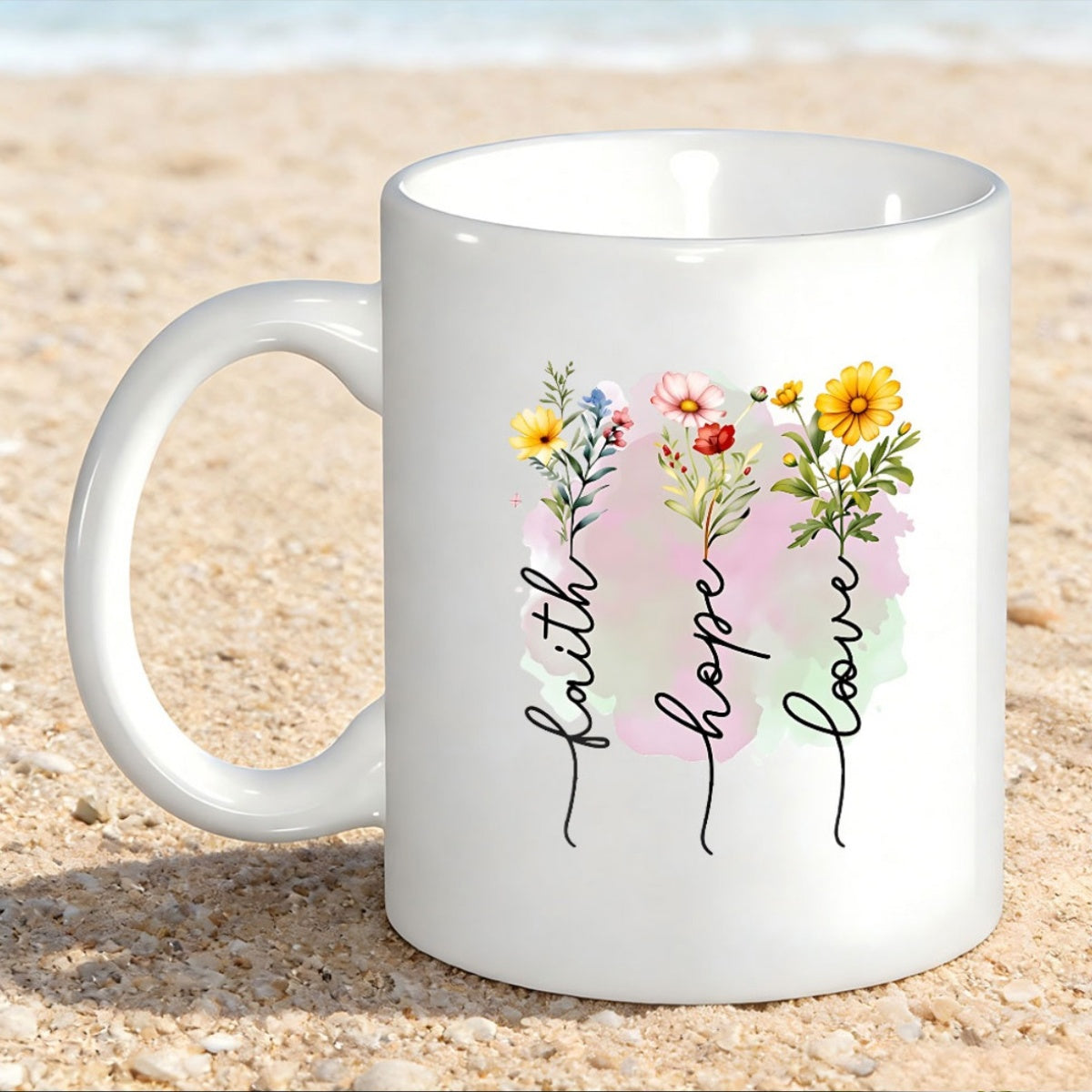 Tailorly White Ceramic 11 oz Mug - Faith Hope Love Delicate Wild Flowers Blooming With Vibrant Watercolor Splashes And Elegant Script Flower