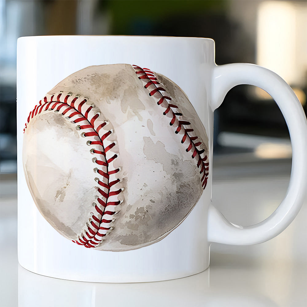 Tailorly White Ceramic 11 oz Mug - Vintage Watercolor Style With Red Stitching Detail And Textured Surface Baseball