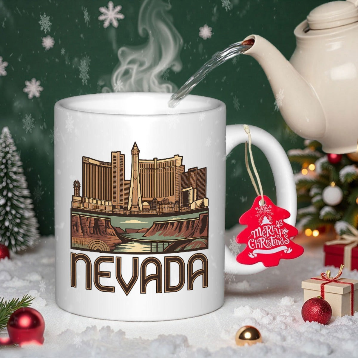 Tailorly White Ceramic 11 oz Mug - Nevada Detailed Skyline Silhouette With Canyon Landscape Under Modern City Skyline
