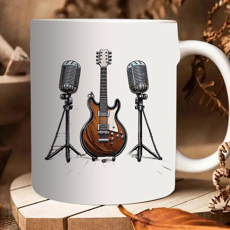 Tailorly White Ceramic 11 oz Mug - Classic Electric Wood Grain Guitar Flanked By Professional Vintage Studio Microphones Guitar