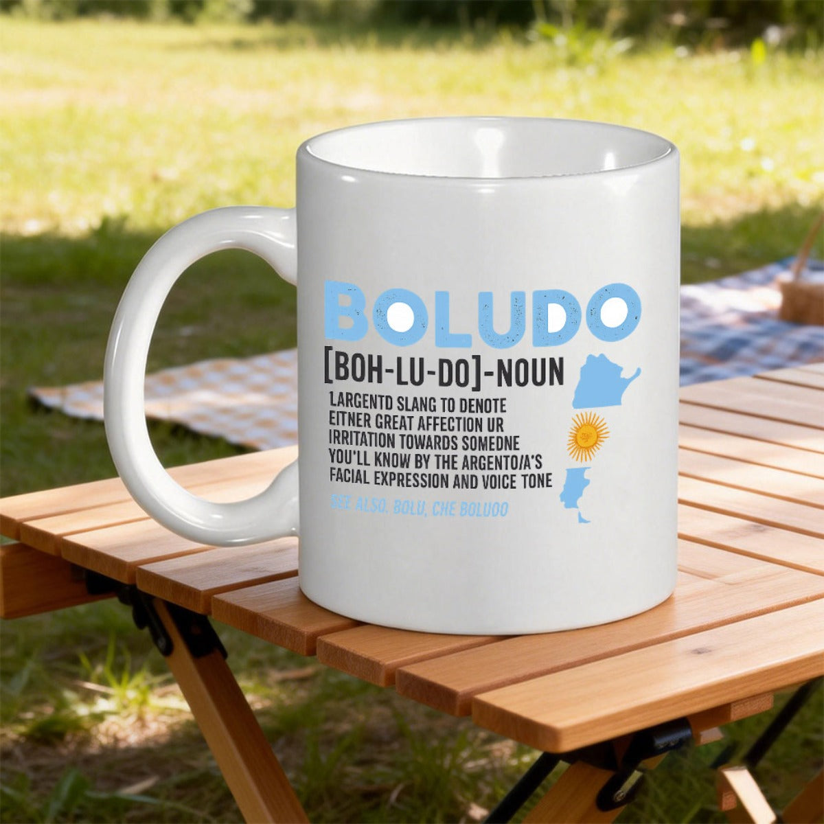 Tailorly White Ceramic 11 oz Mug - Boludo Noun Argento Slang Featuring Light Blue Argentina Map With Iconic Yellow Sun Map