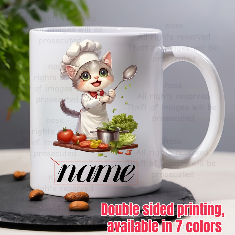 Tailorly White Ceramic 11 oz Mug - Name Adorable Kitten Wearing Professional Chef Uniform Preparing Healthy Fresh Vegetables Cat