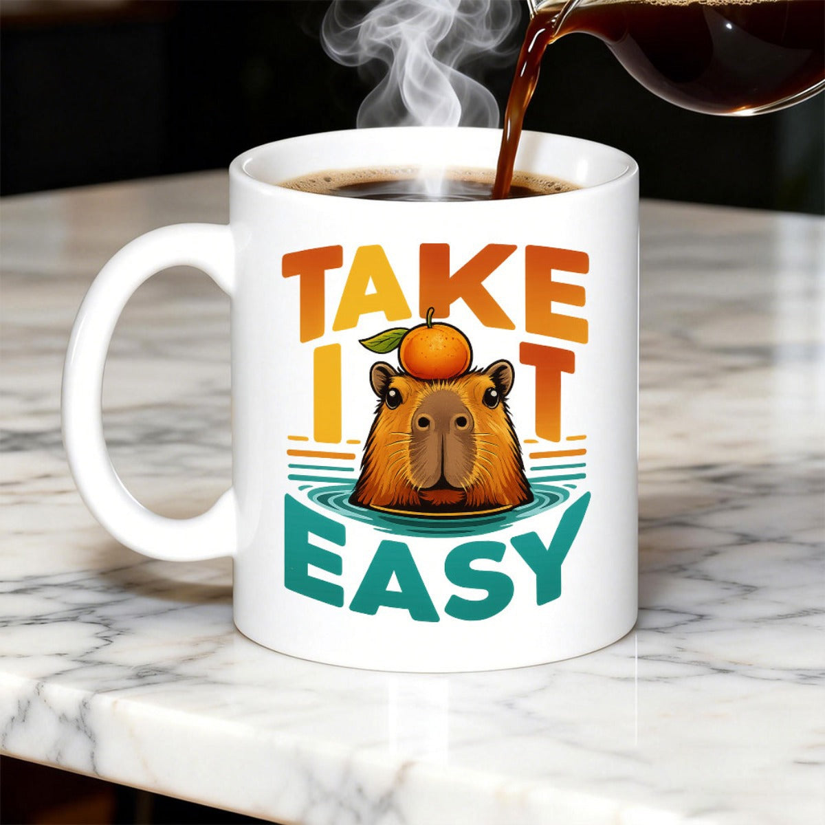 Tailorly White Ceramic 11 oz Mug - Take It Easy Charming Capybara With An Orange On Head Resting In Peaceful Blue Water Capybara