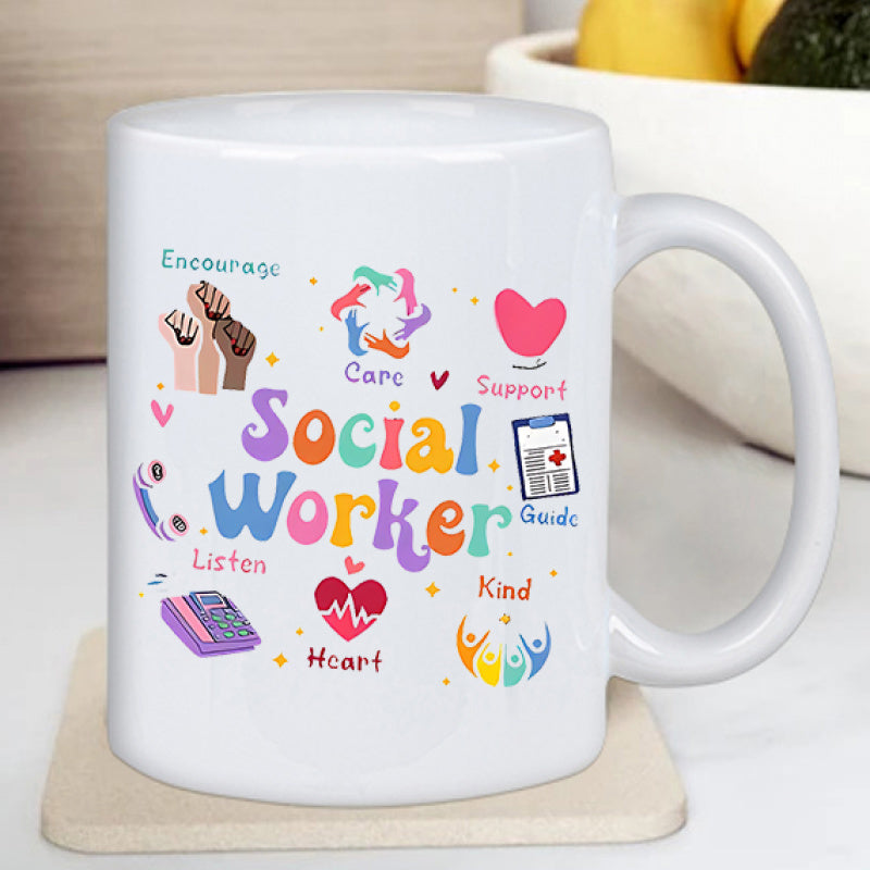 Tailorly White Ceramic 11 oz Mug - Social Worker Vibrant Symbols Featuring Diverse Hands Hearts And Community Supportive Icons Pattern