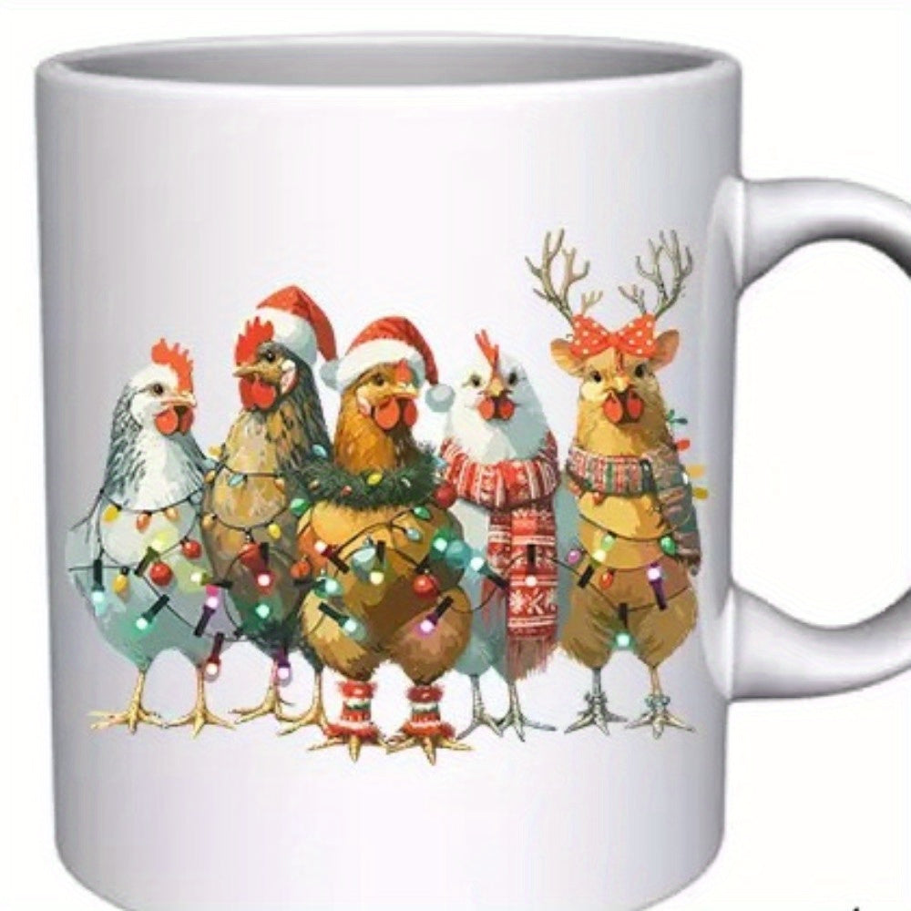 Tailorly White Ceramic 11 oz Mug - Festive Christmas Chickens Wearing Red Santa Hats With Glowing Colorful Twinkling Lights Chicken