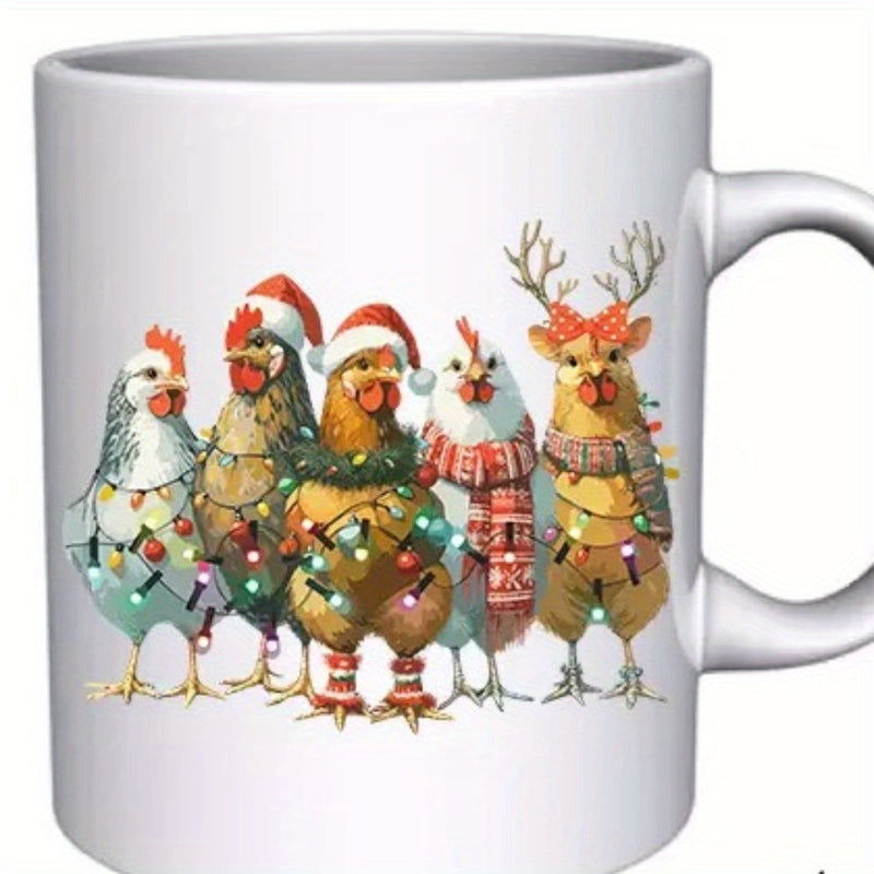 Tailorly White Ceramic 11 oz Mug - Festive Christmas Chickens Wearing Red Santa Hats With Glowing Colorful Twinkling Lights Chicken
