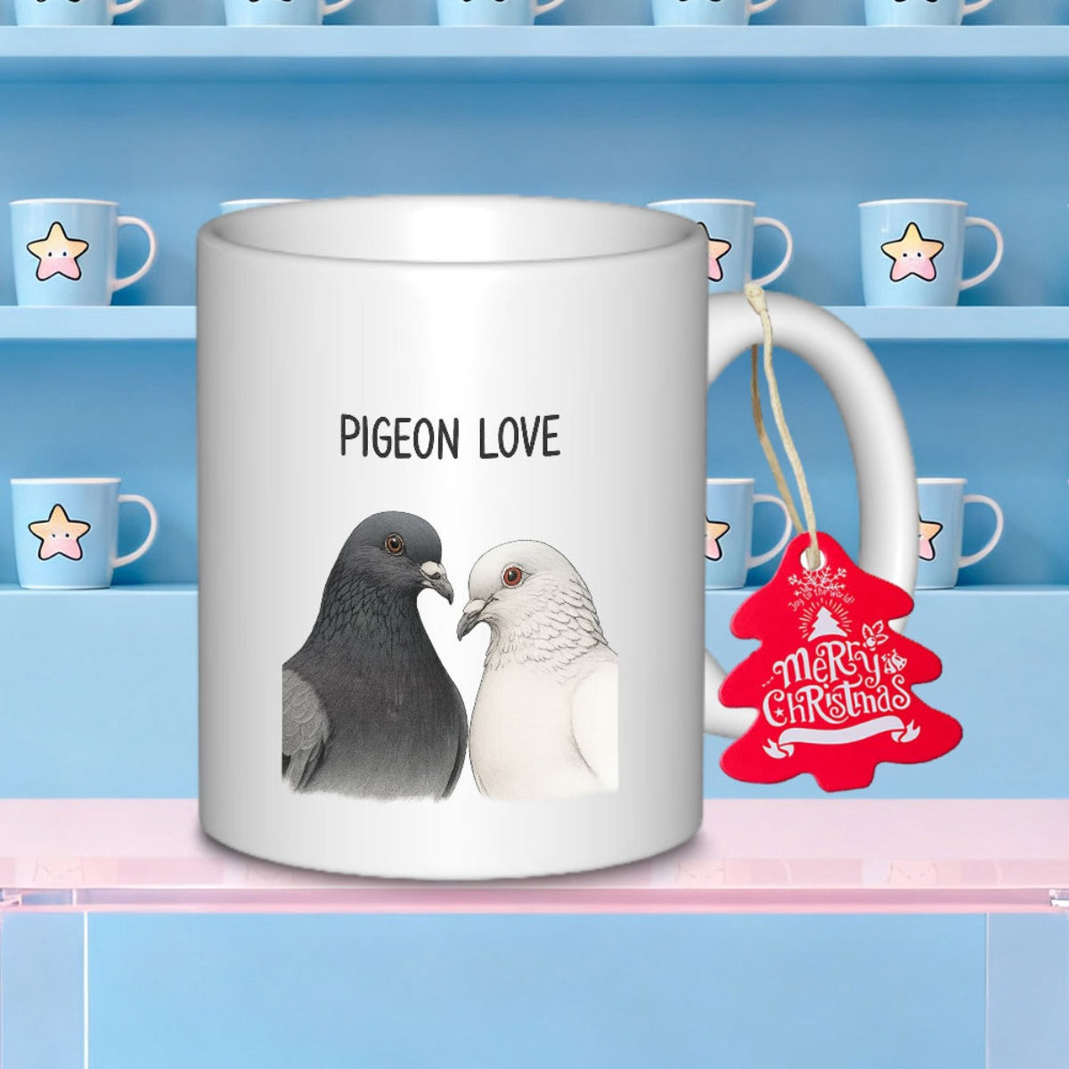 Tailorly White Ceramic 11 oz Mug - Pigeon Love Two Realistic Birds Looking At Each Other On A White Surface Pigeon