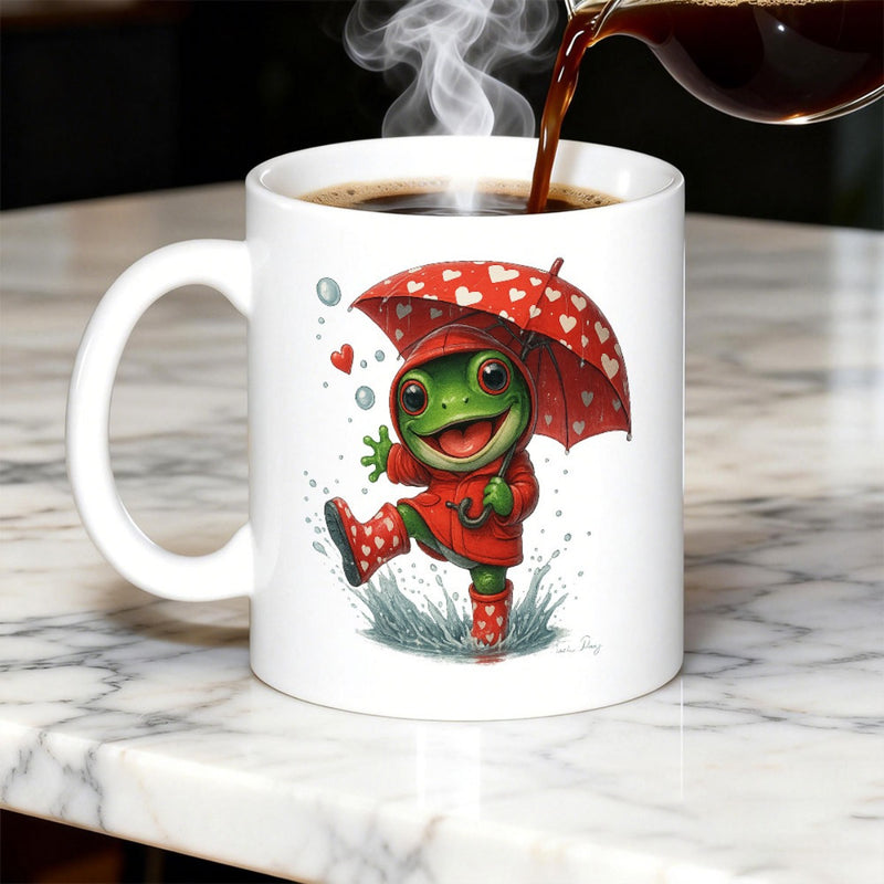Tailorly White Ceramic 11 oz Mug - Happy Green Frog Dancing In Rain Wearing Red Coat And Boots Frog