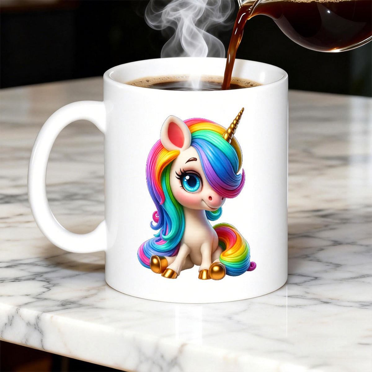Tailorly White Ceramic 11 oz Mug - Adorable Mythical Creature With Vibrant Rainbow Mane And Golden Horn Unicorn