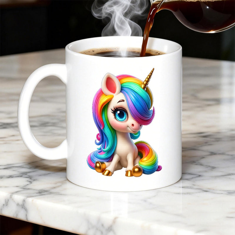 Tailorly White Ceramic 11 oz Mug - Adorable Mythical Creature With Vibrant Rainbow Mane And Golden Horn Unicorn