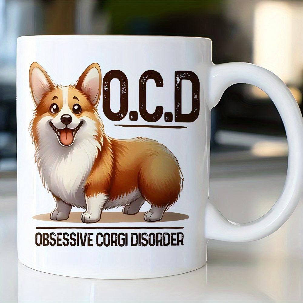 Tailorly White Ceramic 11 oz Mug - OCD Obsessive Corgi Disorder Smiling Animated Fluffy Dog Standing Firm On Ground Corgi