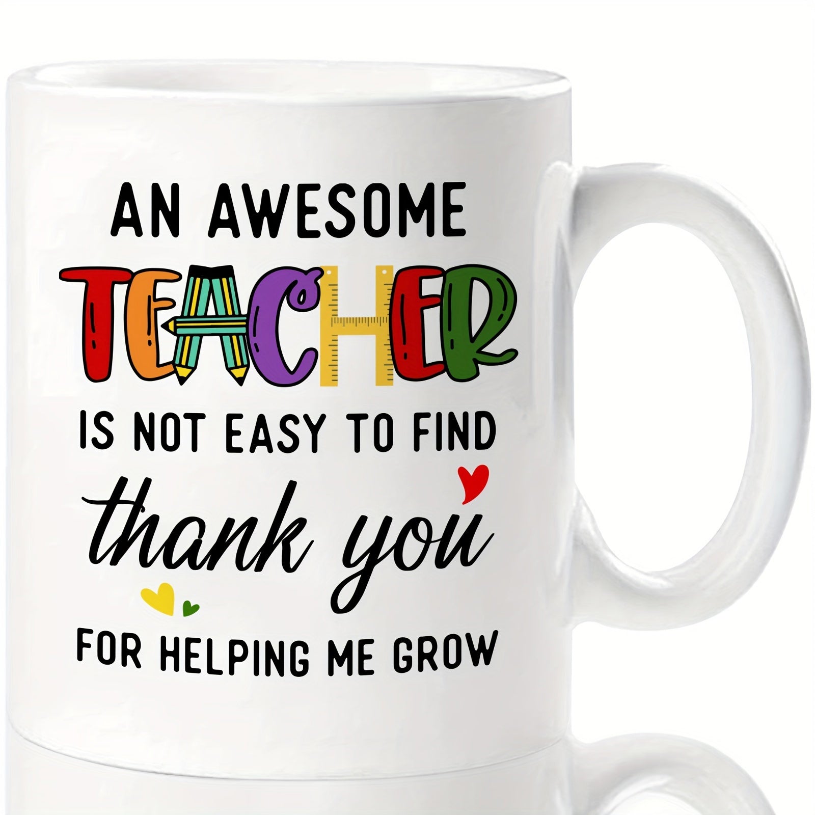 Tailorly White Ceramic 11 oz Mug - An Awesome Teacher Is Not Easy To Find Thank You For Helping Me Grow Colorful Stylized Lettering And Heart Icons Arranged Neatly