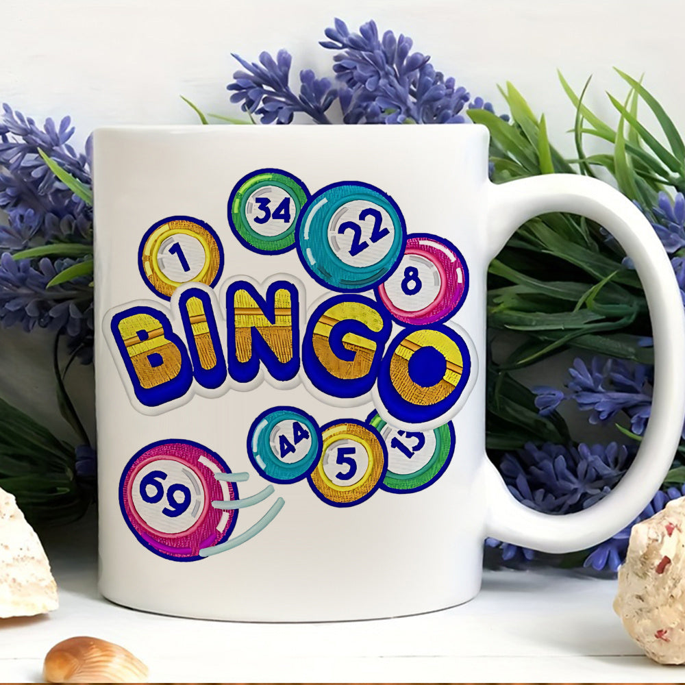 Tailorly White Ceramic 11 oz Mug - Bingo Vibrant Colorful Numbered Game Balls Scattered Around Bold Stylized Typography Bingo