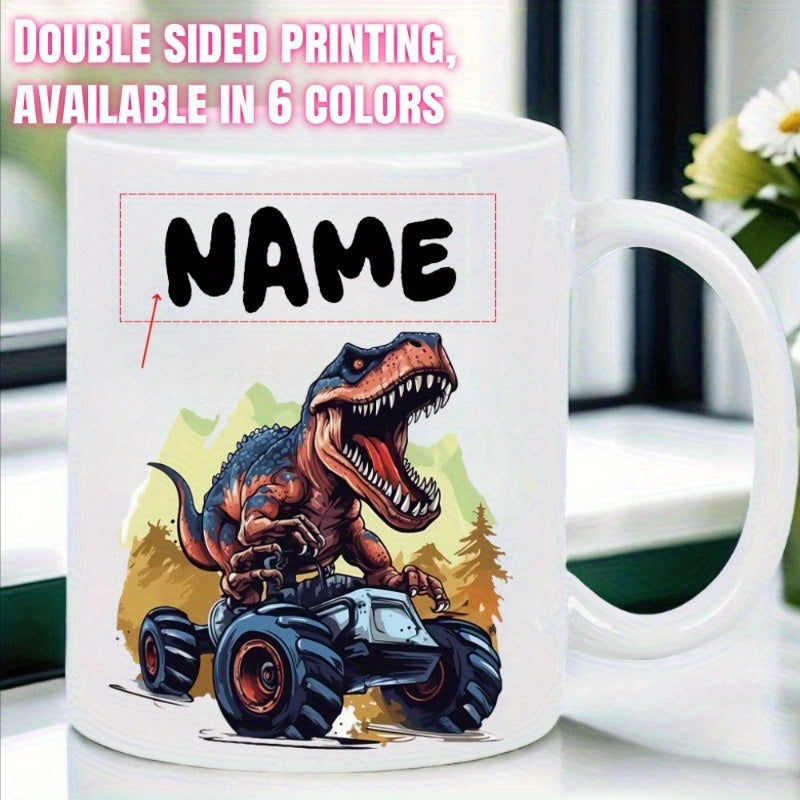 Tailorly White Ceramic 11 oz Mug - Name Powerful Tyrannosaurus Rex Driving A Monster Truck Through Outdoor Wilderness Dinosaur